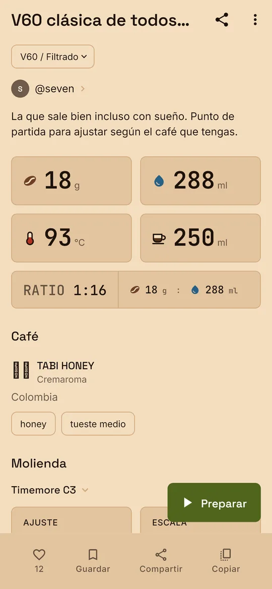 Detalle de una receta de V60 con dosis, agua, ratio y temperatura